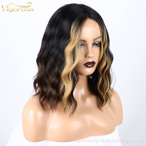 Top Quality Short Wavy Bob Wigs Black Women's Middle Part Highlight Blonde Synthetic Lace Wigs Wholesale Price